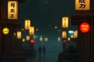 《纸灯与雪》剧照，雪夜街边一排亮起的手工纸灯